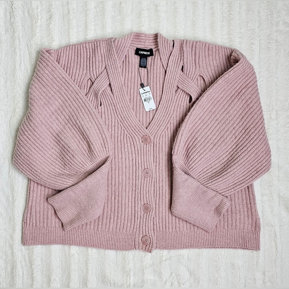 Express V-Neck Balloon Sleeve Criss Cross Cutout Cardigan | Dusty Mauve | XL - Picture 7 of 9
